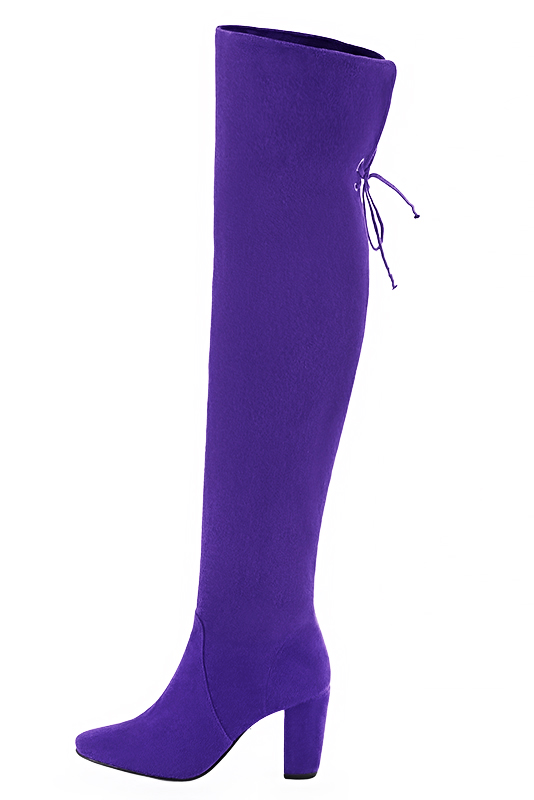 Violet purple women's leather thigh-high boots. Round toe. High block heels. Made to measure. Profile view - Florence KOOIJMAN